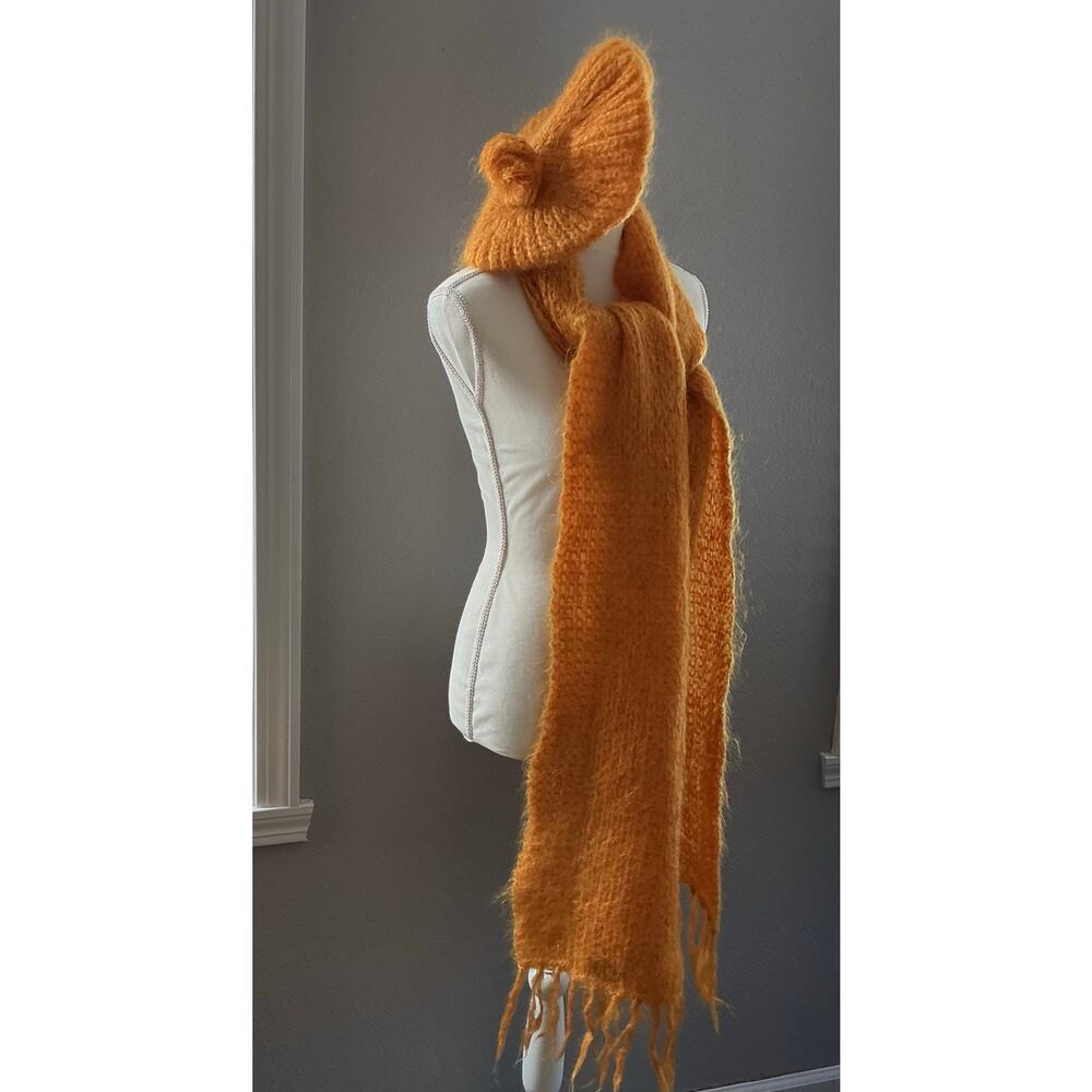 Vintage‎ Antartex Handknit Scarf  Fringe Hem and Beret Orange 90" Long Wool?